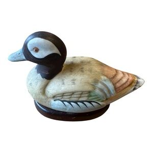 Vintage Hand-Painted Ceramic Duck Figurine on Wood Base